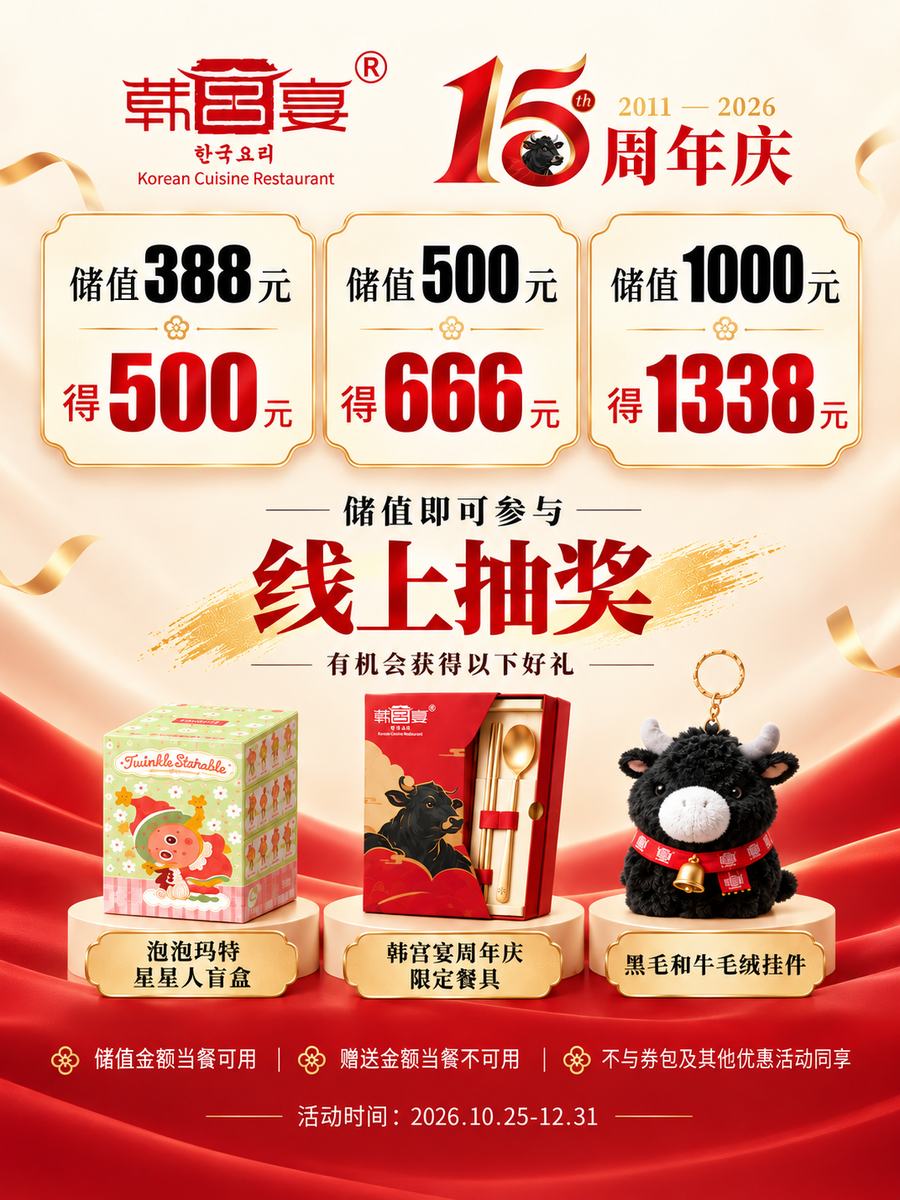 储值388得500、500得666、1000得1338，储值即可参与线上抽奖